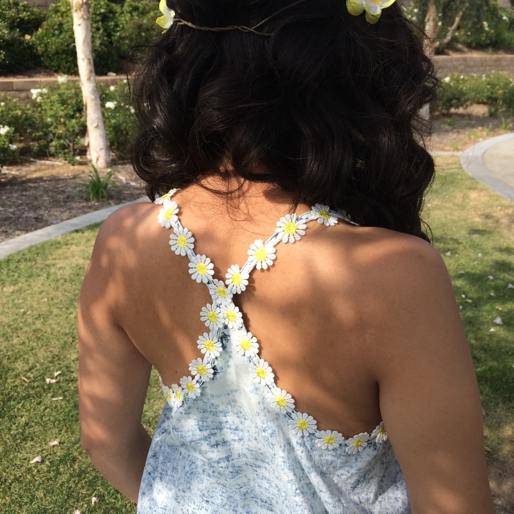 Blue Acid Wash Daisy Racerback Cropped Top - Picture 1 of 6